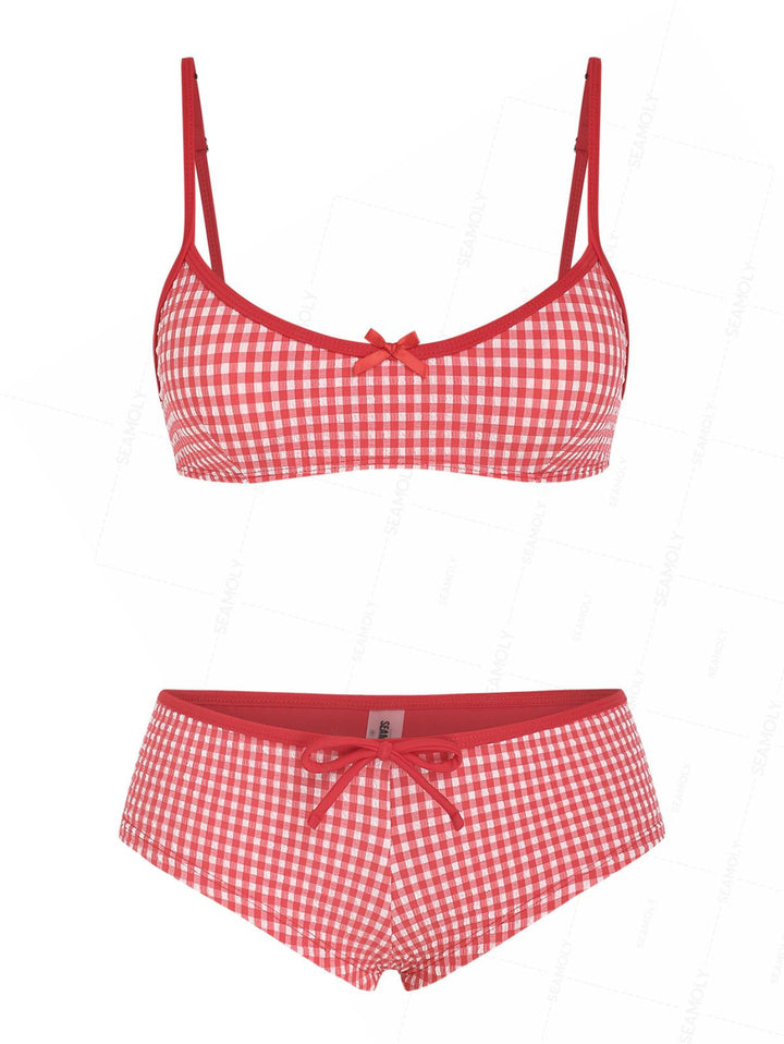 Seamolly 1950s Retro Vintage Inspired Gingham Textured Bowknot Bralette Boyshorts Bikini Set
