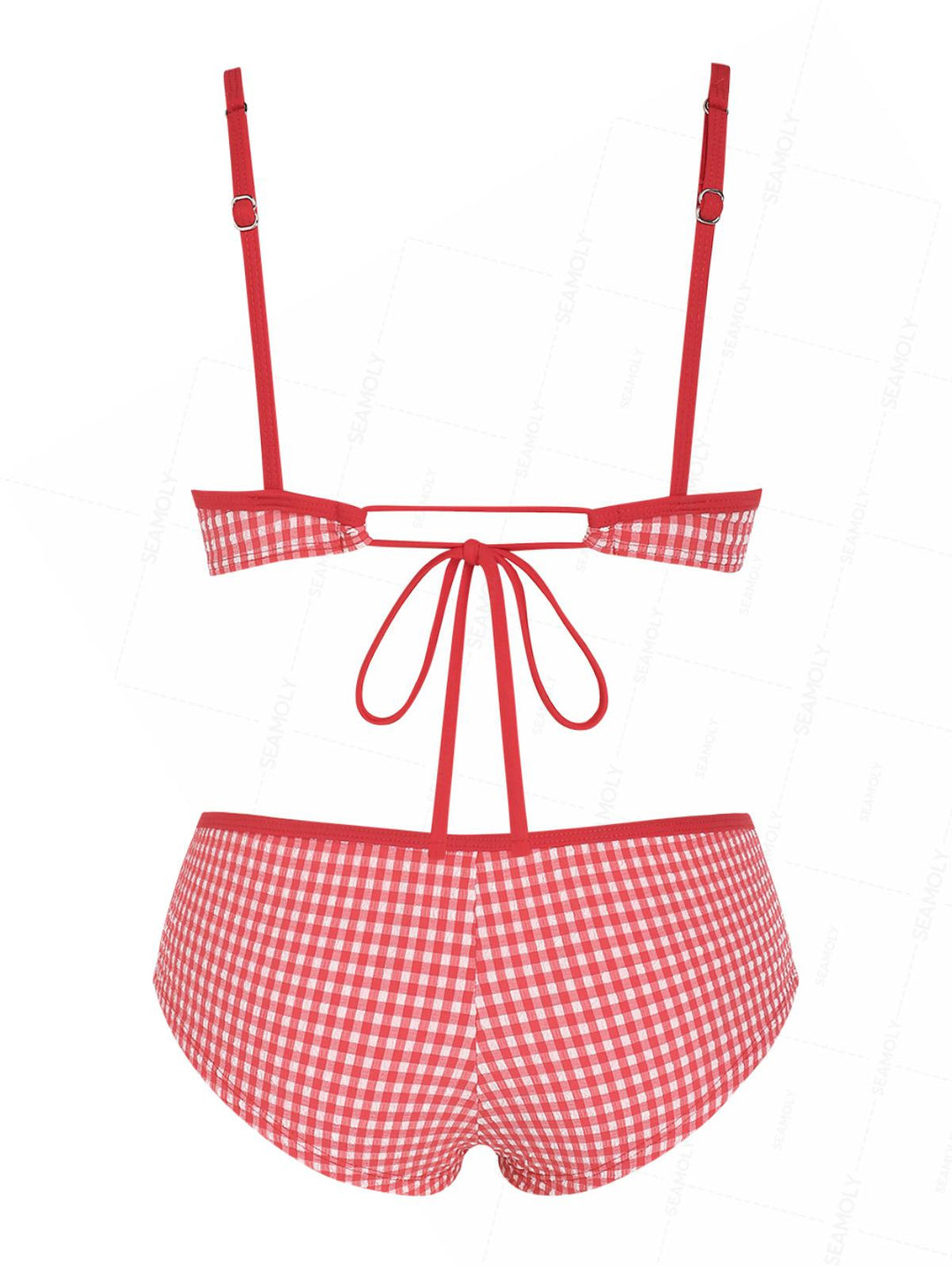 Seamolly 1950s Retro Vintage Inspired Gingham Textured Bowknot Bralette Boyshorts Bikini Set