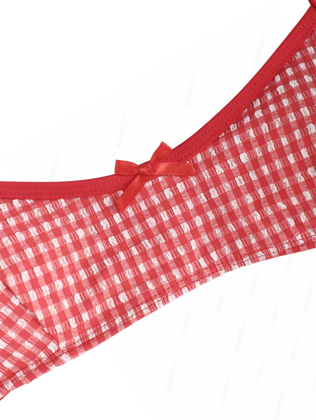 Seamolly 1950s Retro Vintage Inspired Gingham Textured Bowknot Bralette Boyshorts Bikini Set