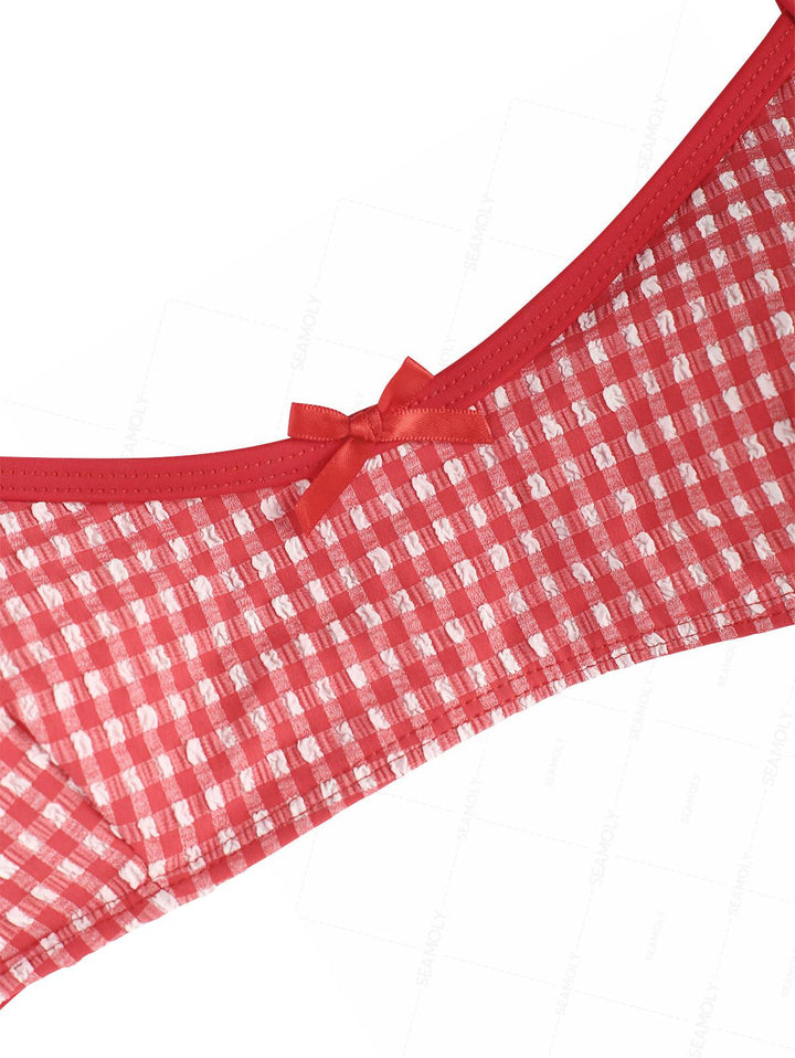 Seamolly 1950s Retro Vintage Inspired Gingham Textured Bowknot Bralette Boyshorts Bikini Set