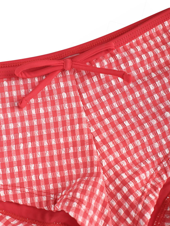 Seamolly 1950s Retro Vintage Inspired Gingham Textured Bowknot Bralette Boyshorts Bikini Set