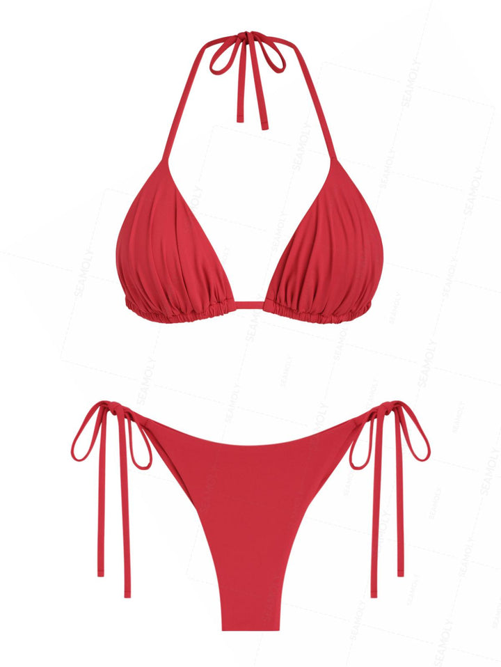 Seamolly Solid Color Ruched Halter Triangle Top & Brazilian Bottom Bikini Set