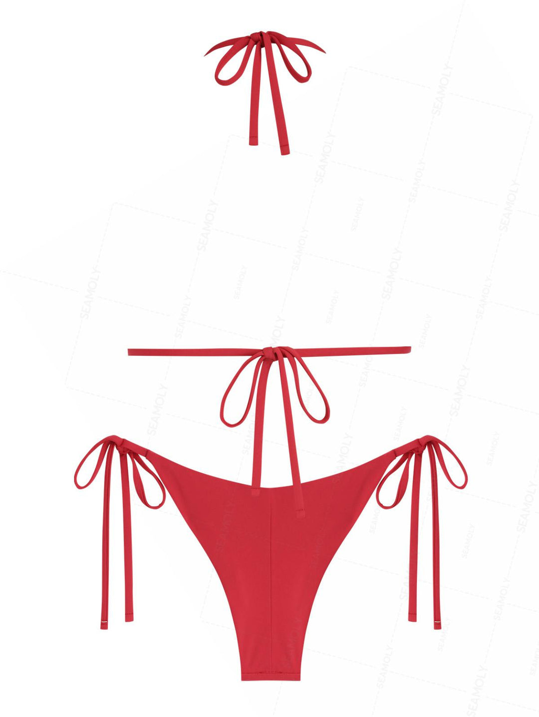 Seamolly Solid Color Ruched Halter Triangle Top & Brazilian Bottom Bikini Set