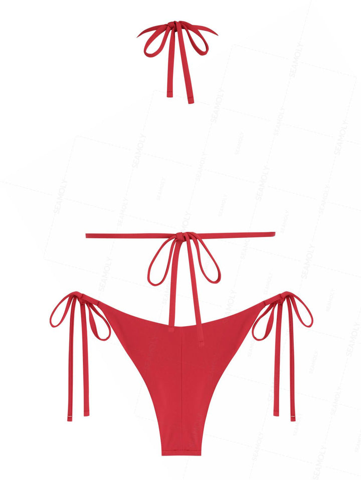 Seamolly Solid Color Ruched Halter Triangle Top & Brazilian Bottom Bikini Set