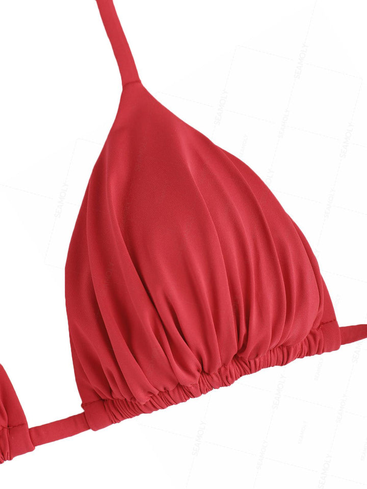 Seamolly Solid Color Ruched Halter Triangle Top & Brazilian Bottom Bikini Set