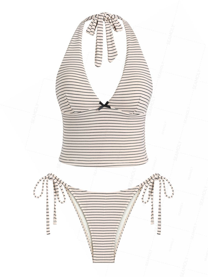 Seamolly Striped Bowknot Halter Tie Side Tankini Set