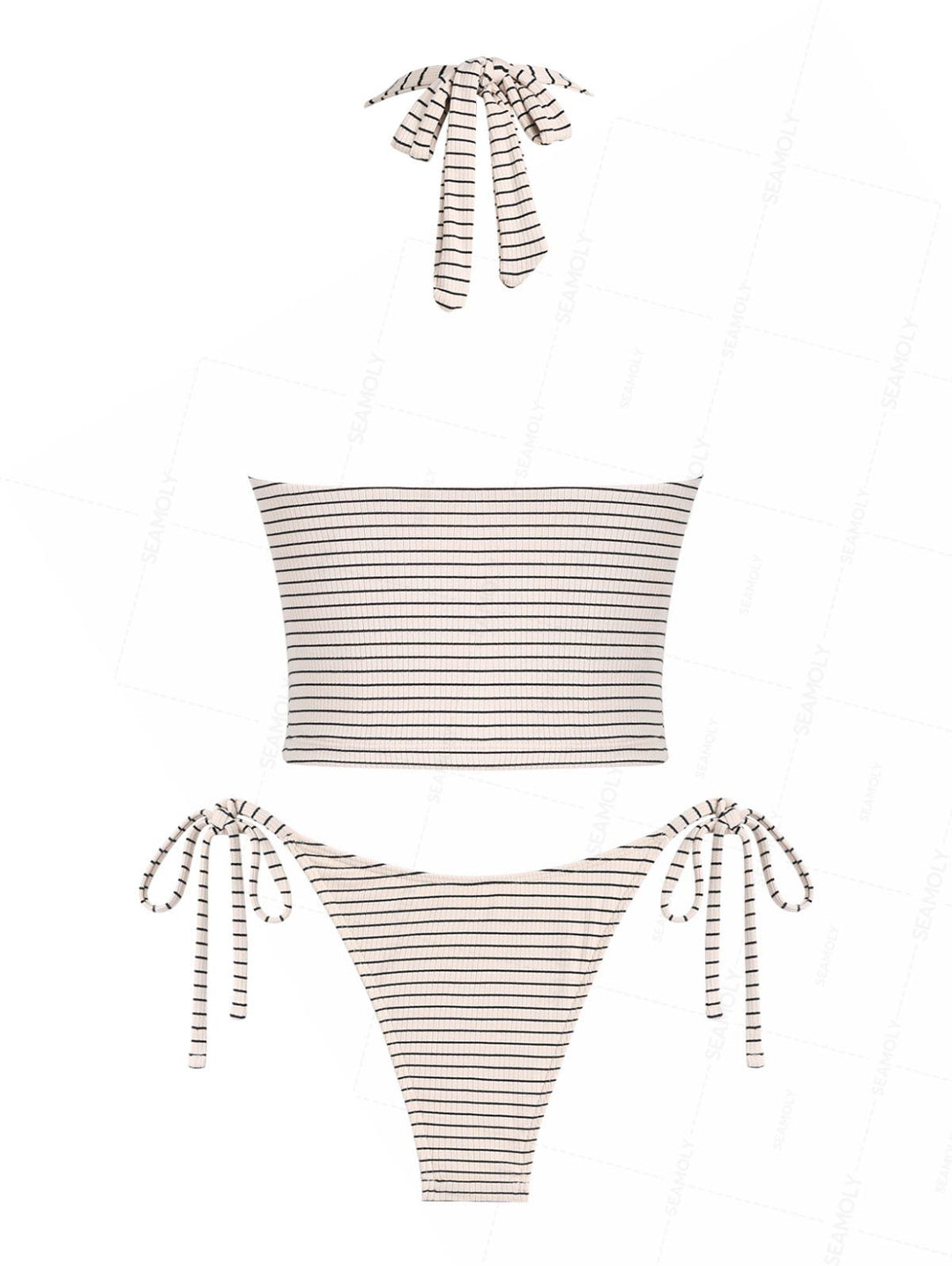 Seamolly Striped Bowknot Halter Tie Side Tankini Set