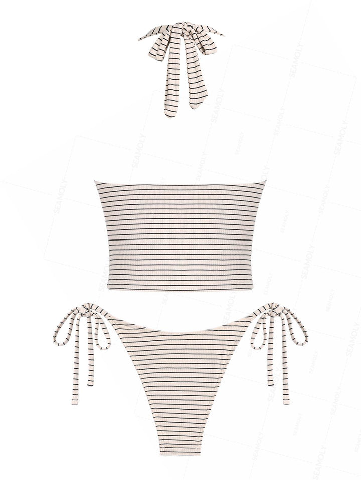 Seamolly Striped Bowknot Halter Tie Side Tankini Set