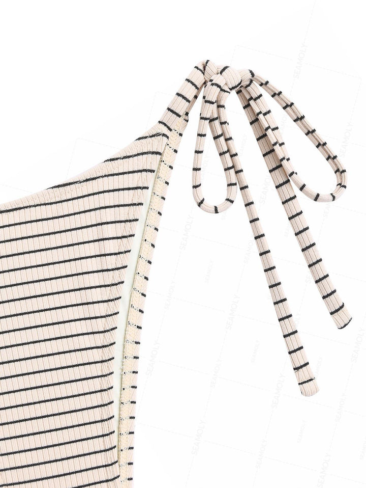 Seamolly Striped Bowknot Halter Tie Side Tankini Set