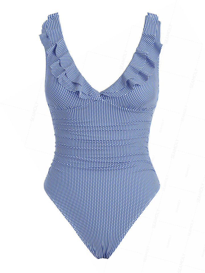 Seamolly 1950s Pin-Up Vintage Polka Dot Ruched Ruffles Plunging Neck One-piece Swimsuit