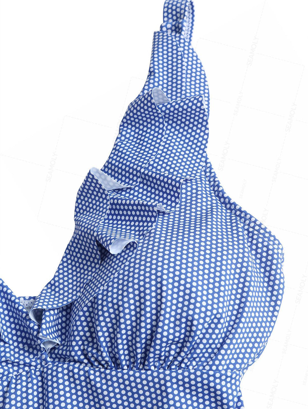 Seamolly 1950s Pin-Up Vintage Polka Dot Ruched Ruffles Plunging Neck One-piece Swimsuit