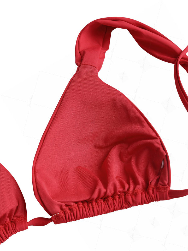Red Solid Color Ruched Wide Straps Triangle Bikini Top