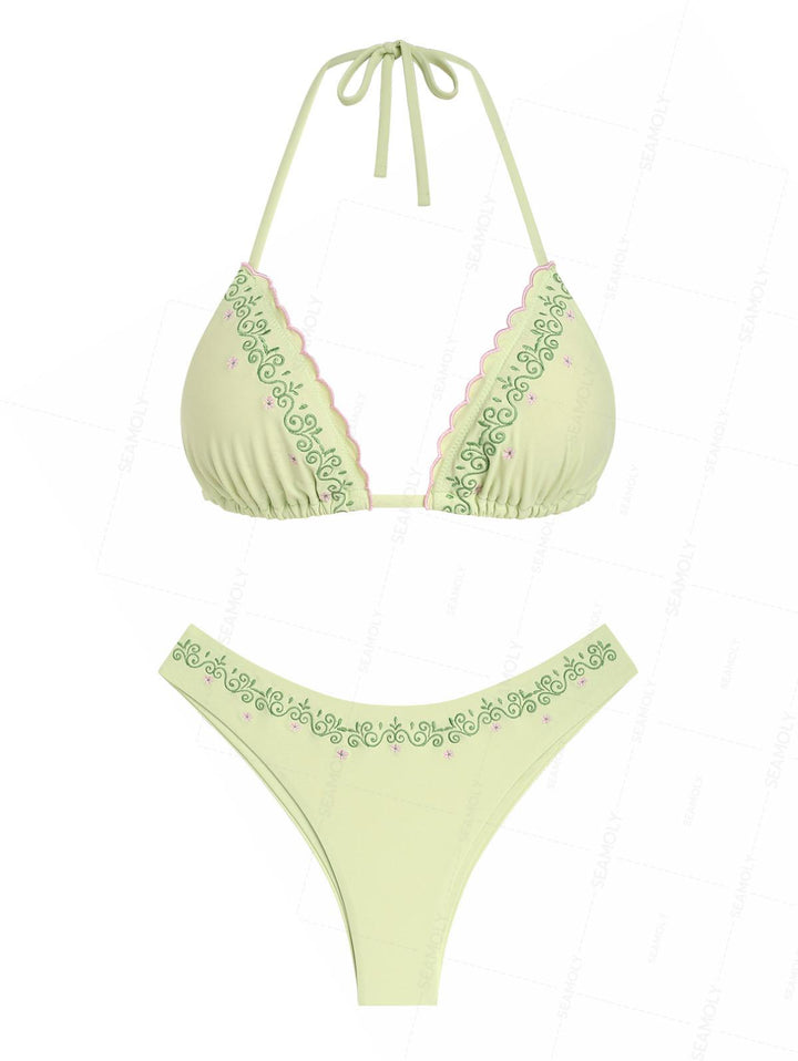 Seamolly Vintage Embroidered Scalloped Edge Halter Triangle Bikini Set