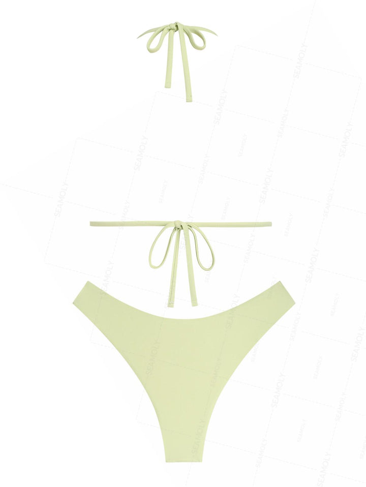 Seamolly Vintage Embroidered Scalloped Edge Halter Triangle Bikini Set