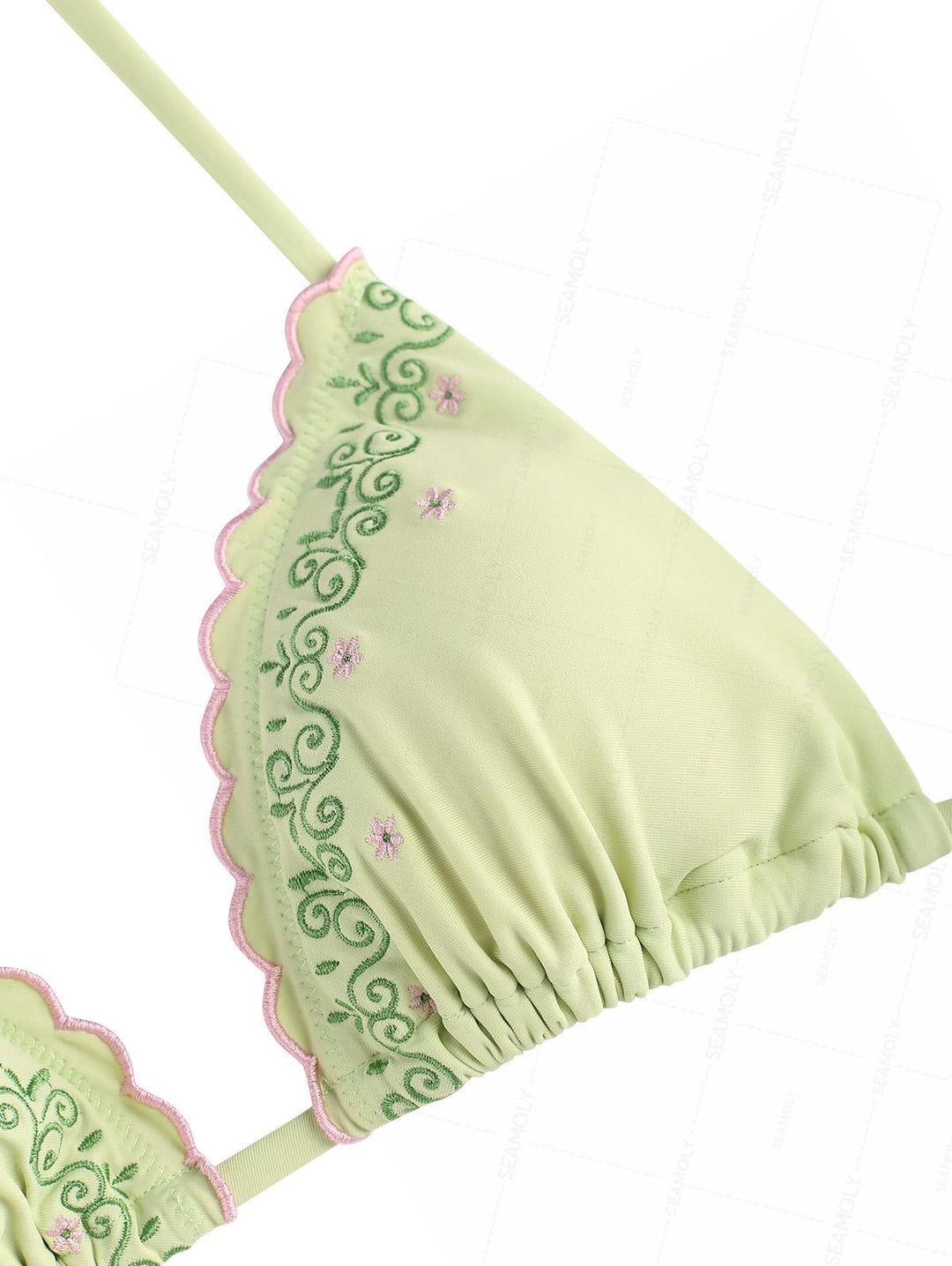 Seamolly Vintage Embroidered Scalloped Edge Halter Triangle Bikini Set