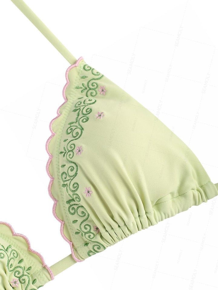 Seamolly Vintage Embroidered Scalloped Edge Halter Triangle Bikini Set