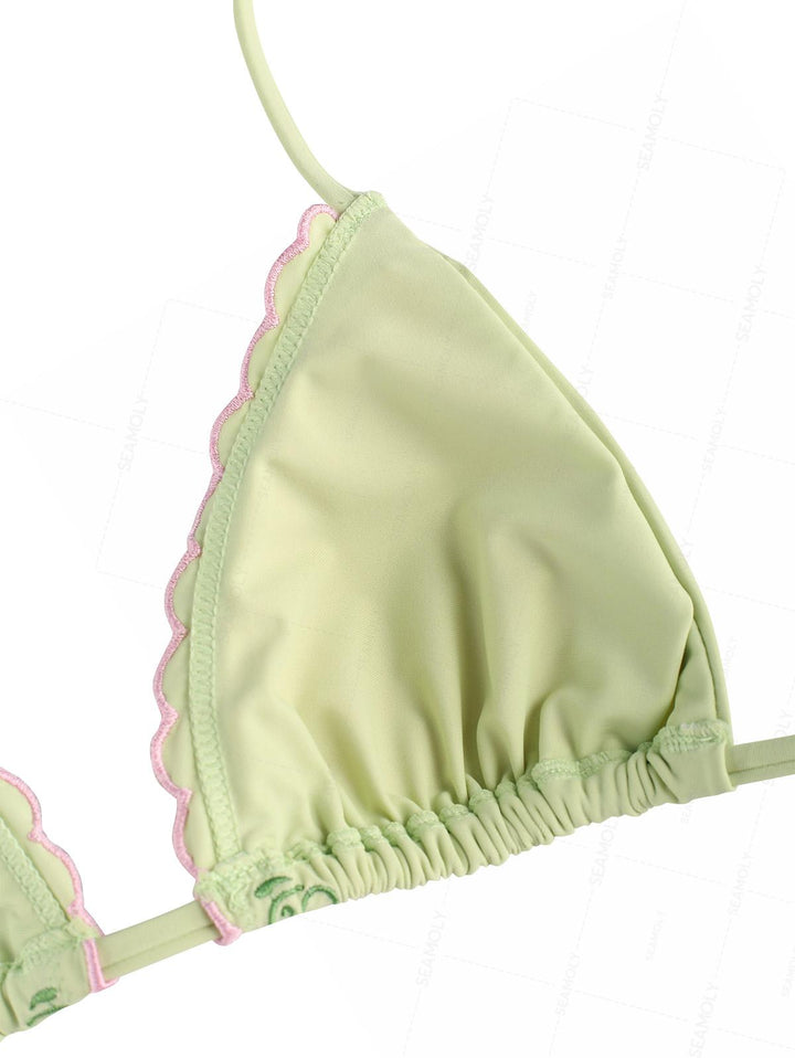 Seamolly Vintage Embroidered Scalloped Edge Halter Triangle Bikini Set