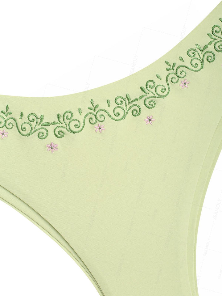 Seamolly Vintage Embroidered Scalloped Edge Halter Triangle Bikini Set