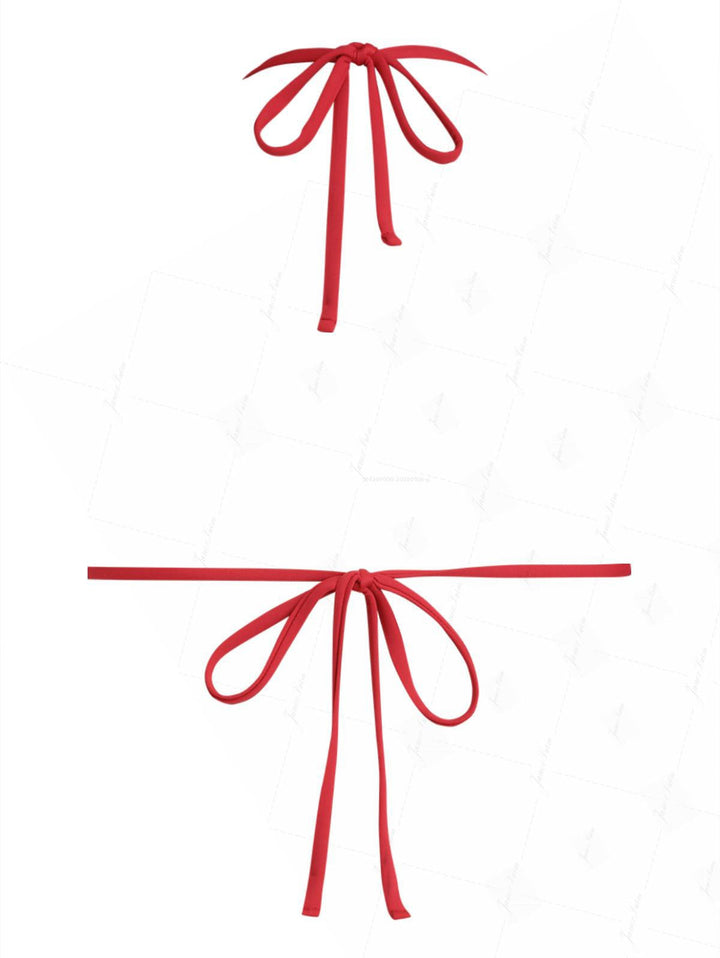 Red Ruched Halter Triangle Bikini Top