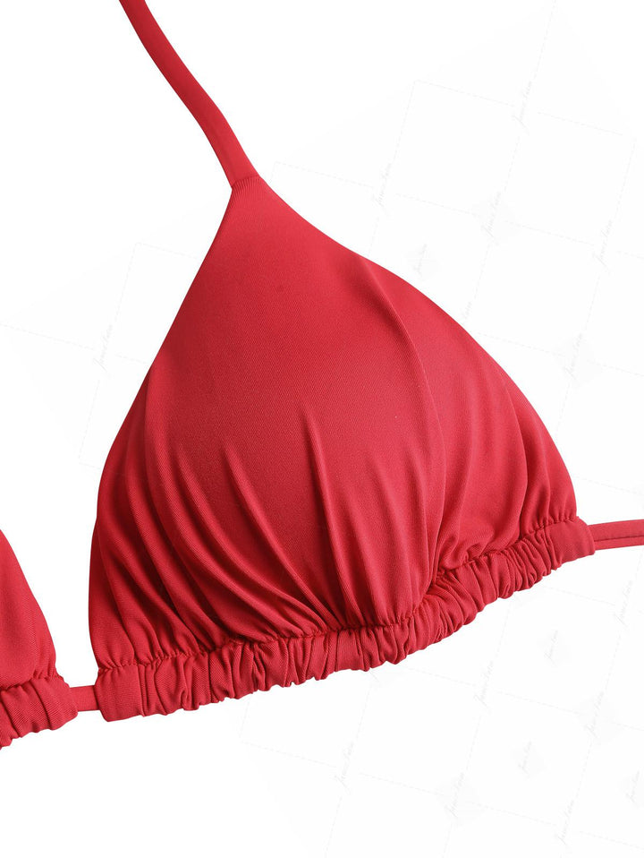 Red Ruched Halter Triangle Top & Cheeky Brazilian Bottom Bikini Set