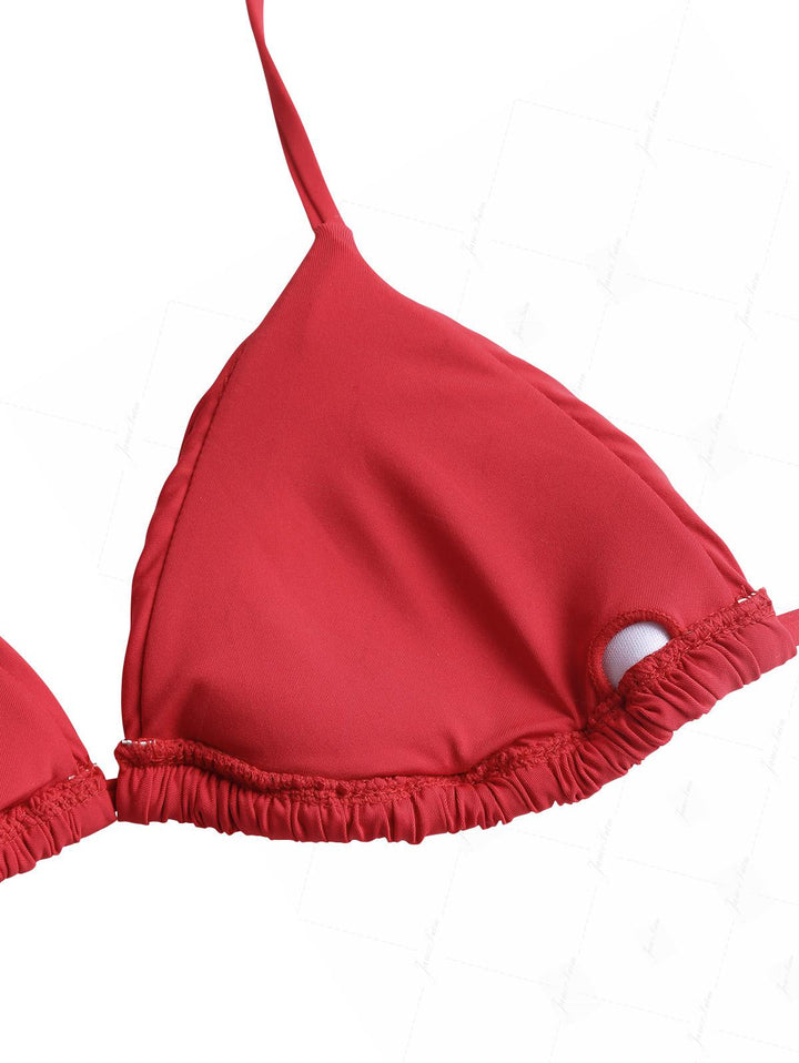 Red Ruched Halter Triangle Bikini Top