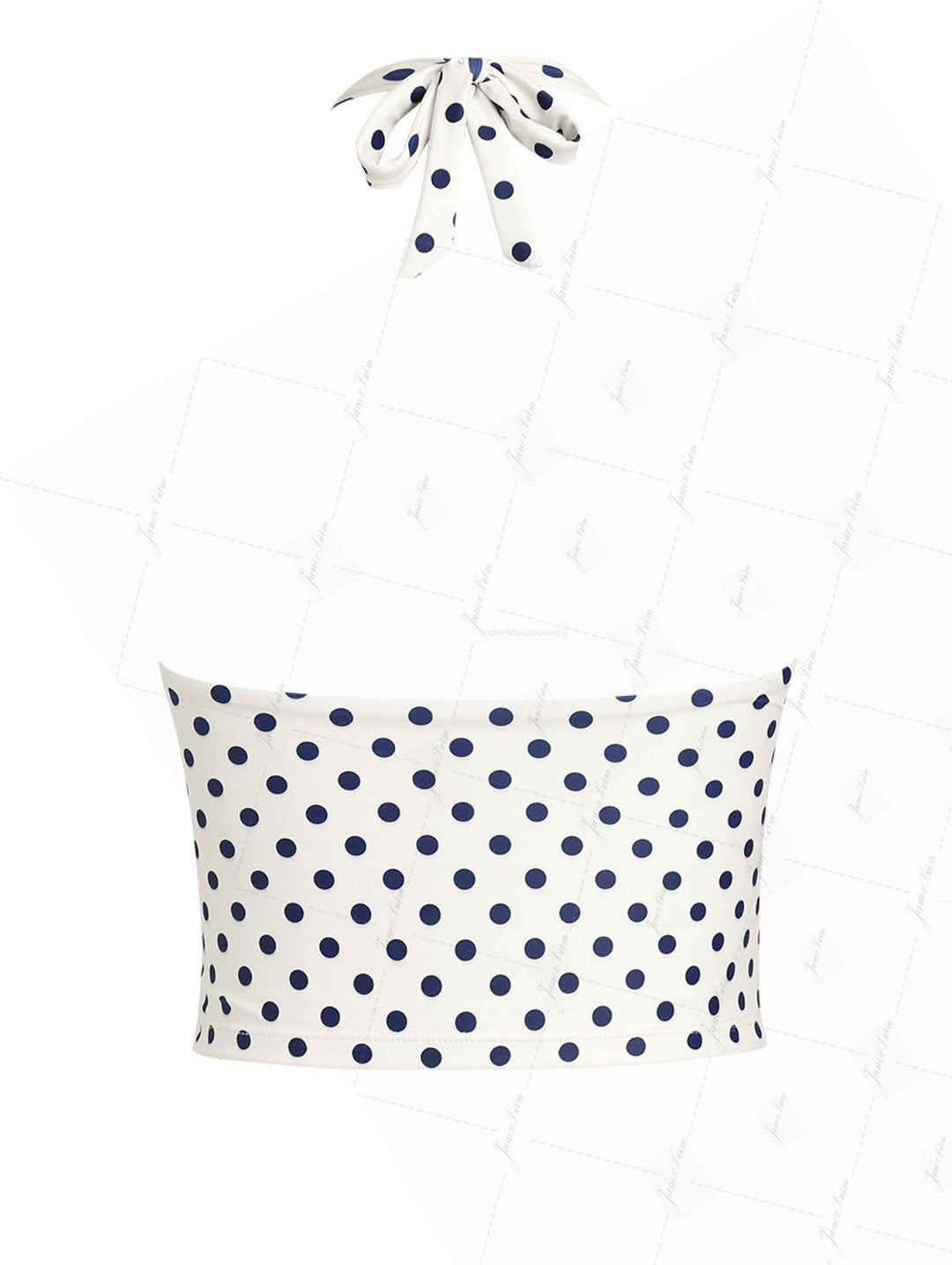 Crystal Cream Vintage Polka Dot Plunging Neck Halter Tankini Top