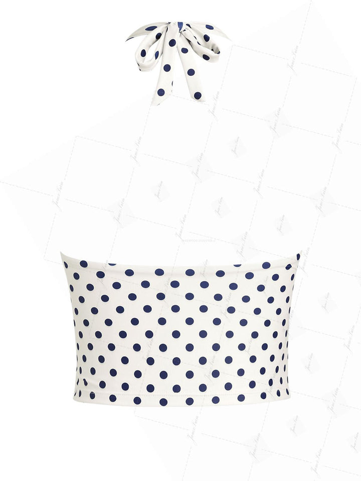 Crystal Cream Vintage Polka Dot Plunging Neck Halter Tankini Top