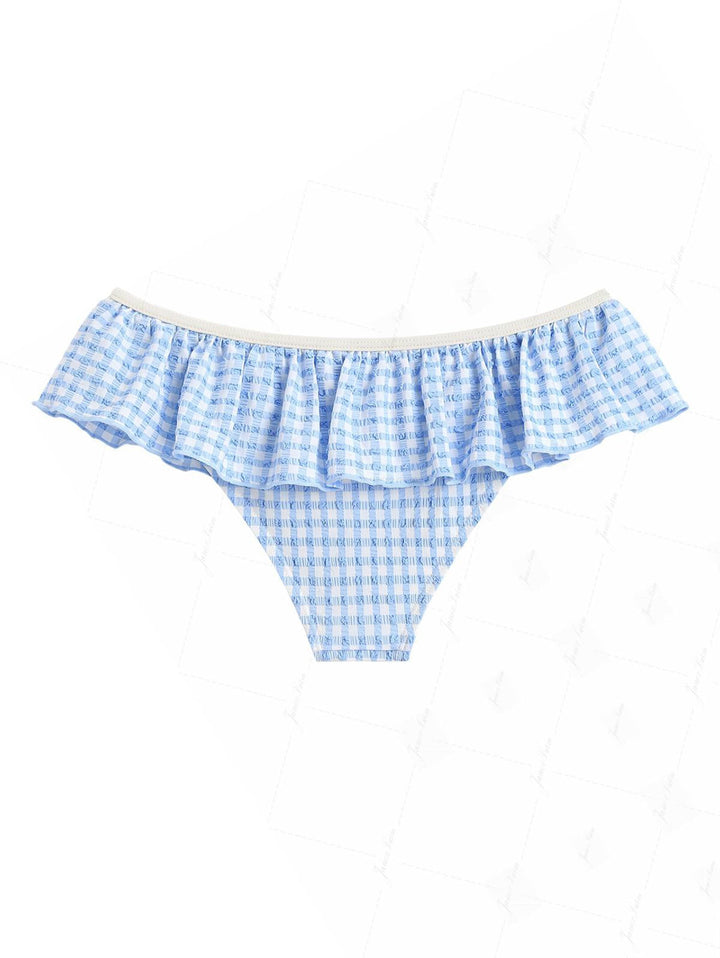 Light Blue Bubble Grid Textured Peplum Skirted Bikini Bottom