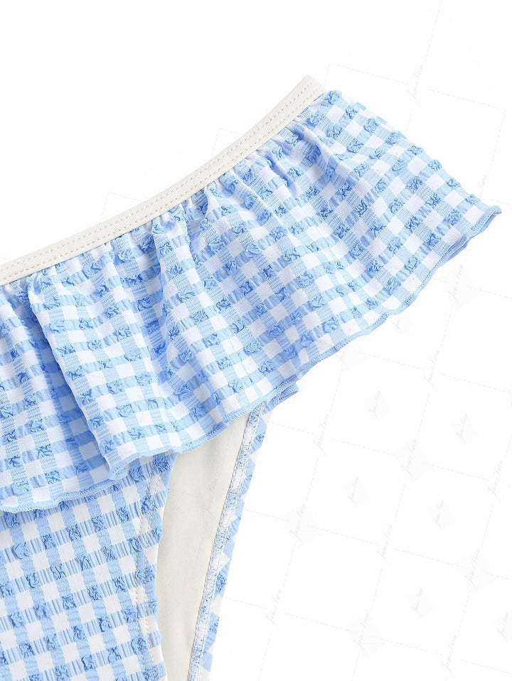 Light Blue Bubble Grid Textured Triangle Push Up Skirtini Bikini Set
