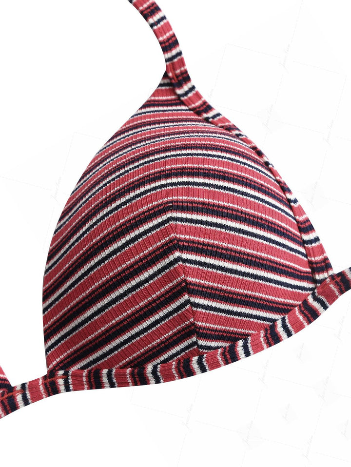 Red Knit Striped Ribbed Halter Triangle Push Up Top & Cheeky Boyshort Bikini Set