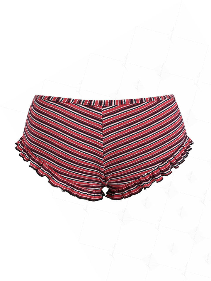 Red Knit Striped Ribbed Peplum Bikini Bottom Cheeky Swim Boyshorts
