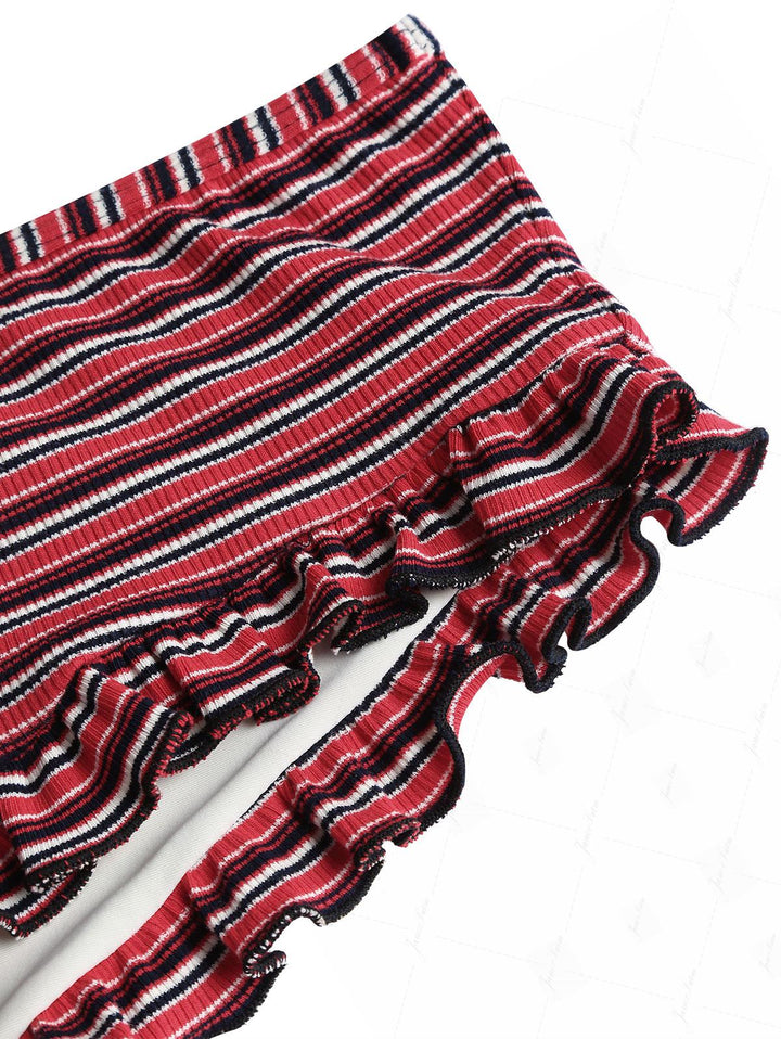 Red Knit Striped Ribbed Halter Triangle Push Up Top & Cheeky Boyshort Bikini Set