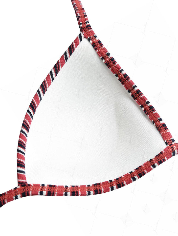 Red Knit Striped Ribbed Halter Triangle Bikini Top