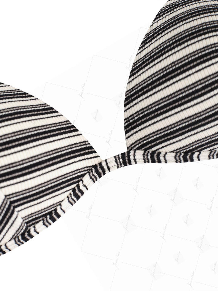 Black Knit Striped Ribbed Hard Cup Support Halter Triangle Bikini Top