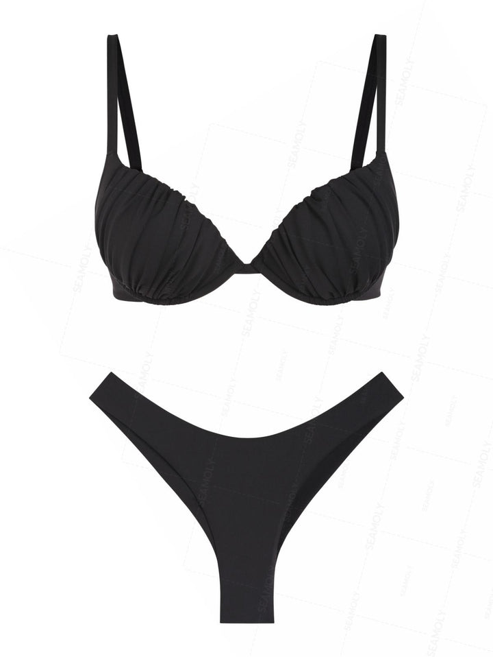 Seamolly Sexy Solid Color Ruched Underwire Push Up Bikini Set
