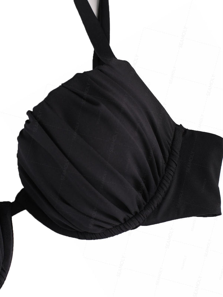 Seamolly Sexy Solid Color Ruched Underwire Push Up Bikini Set