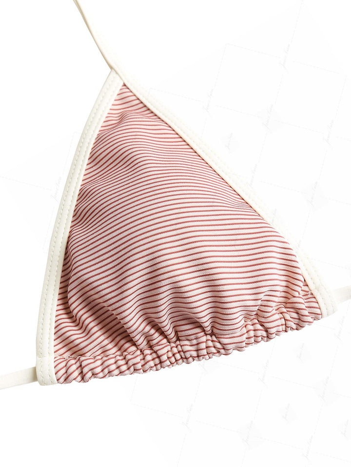 Cherry Red Striped Contrast Binding Halter Triangle Half-covered Bikini Set