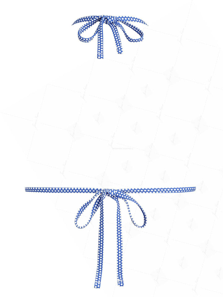 Blue Polka Dot Print Ruched Halter Tied Triangle Bikini Top