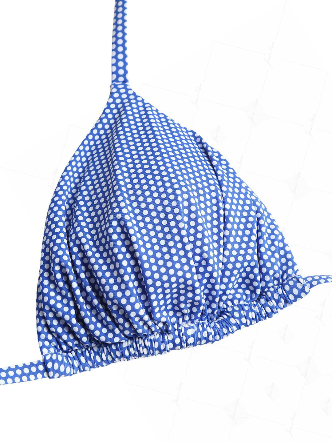 Blue Polka Dot Print Ruched Halter Tied Triangle Bikini Top