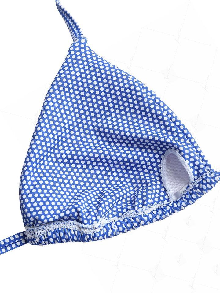 Blue Polka Dot Print Ruched Halter Tied Triangle Bikini Top