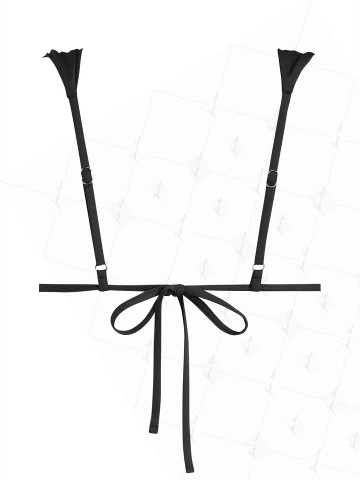 Black Solid Color Ruched Wide Straps Triangle Bikini Top