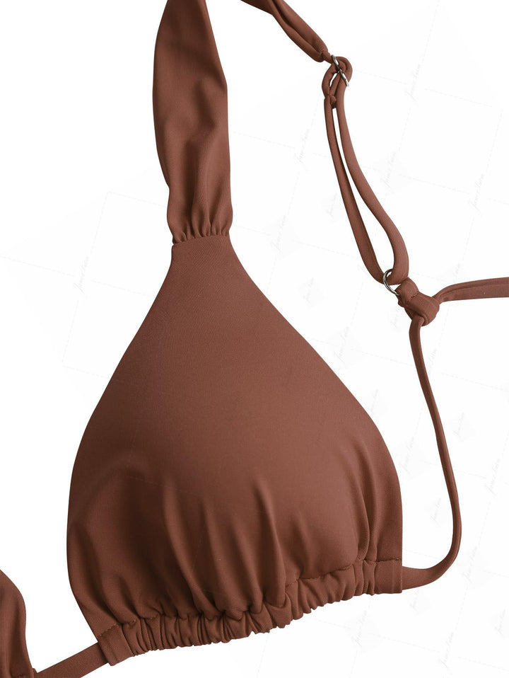 Brown Solid Color Ruched Wide Straps Triangle Bikini Top