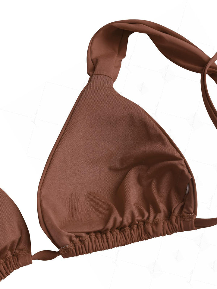 Brown Solid Color Ruched Wide Straps Triangle Bikini Top