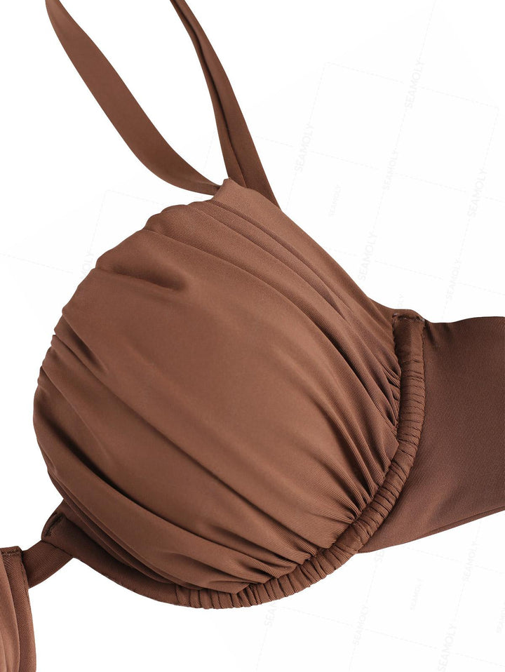 Seamolly Sexy Solid Color Ruched Underwire Push Up Bikini Set