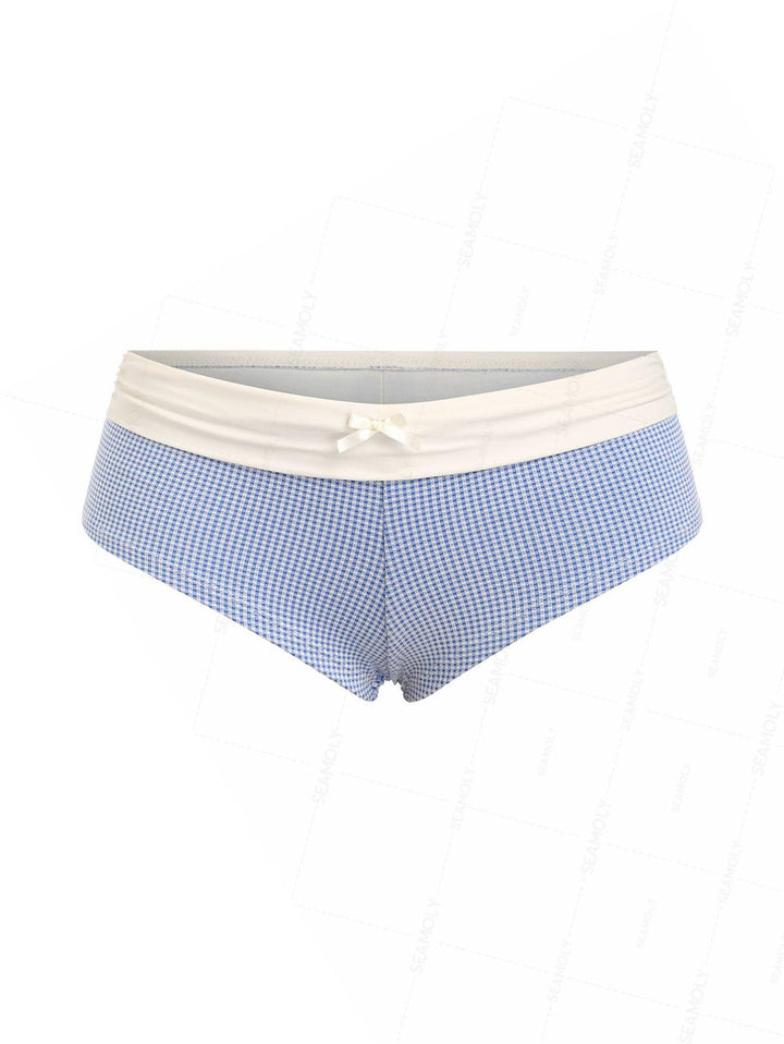 Seamolly Plaid Bowknot Fold-over Swim Bottom Bikini Boyshorts
