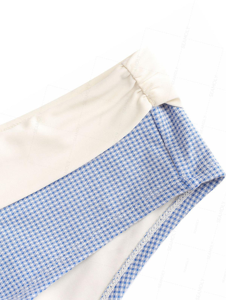 Seamolly Plaid Bowknot Fold-over Swim Bottom Bikini Boyshorts