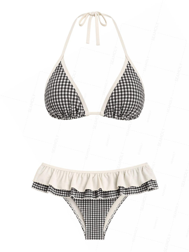 Seamolly Gingham Layered Peplum Halter Triangle Skirtini Bikini Set