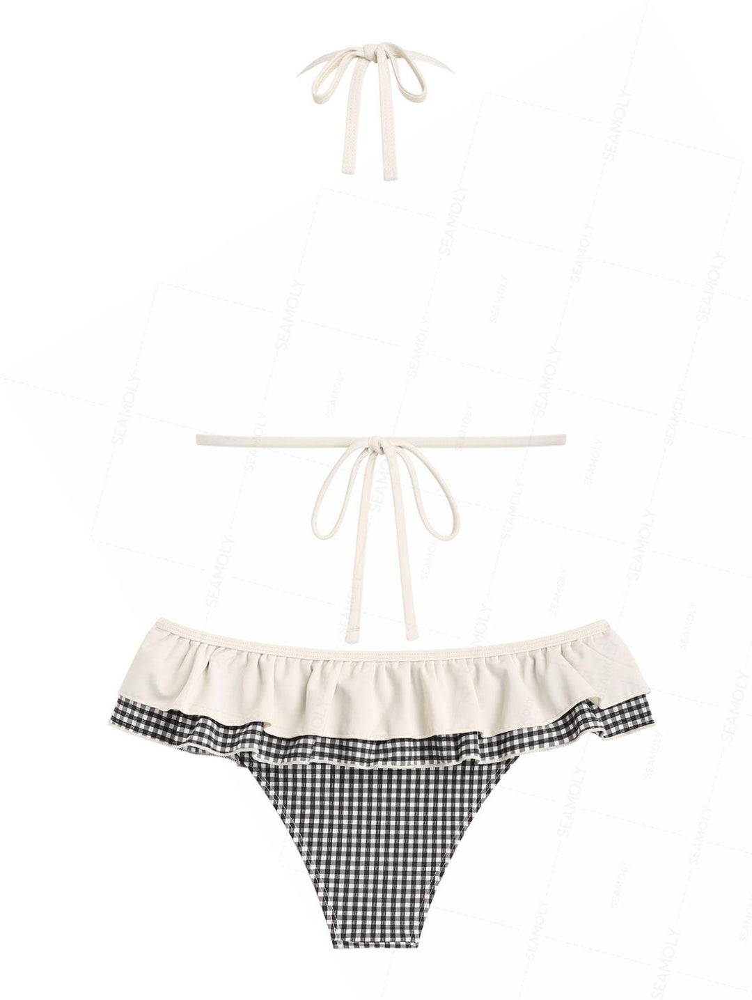 Seamolly Gingham Layered Peplum Halter Triangle Skirtini Bikini Set