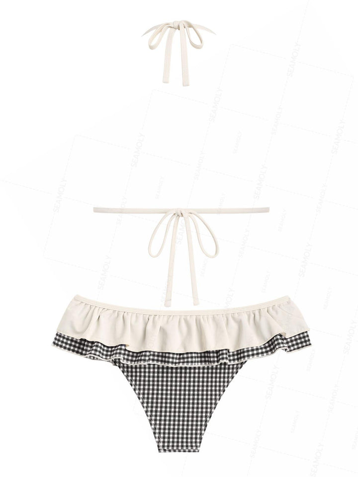 Seamolly Gingham Layered Peplum Halter Triangle Skirtini Bikini Set