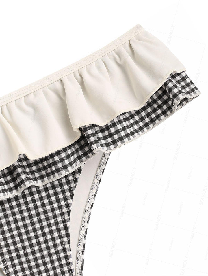 Seamolly Gingham Layered Peplum Halter Triangle Skirtini Bikini Set